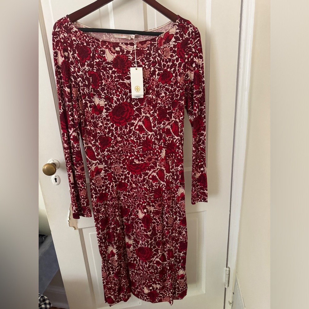 NWT Tory Burch Midi Long Sleeve Maroon Pattern Dress with Pleated Hem Detail.